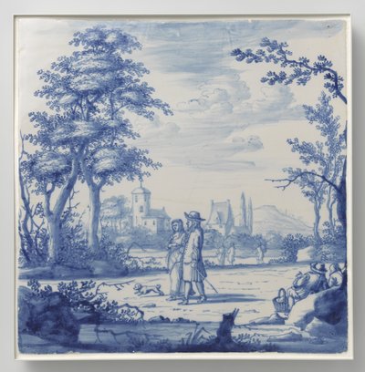 Plate malt med landskap med figurer av Anonymous