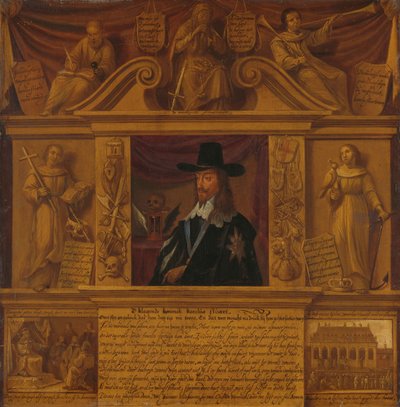 Portrett av Charles I, konge av England, i en ramme med allegoriske figurer og historiske representasjoner av Anonymous