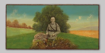 Portrett av en ukjent soldat i et malt landskap av Anonymous