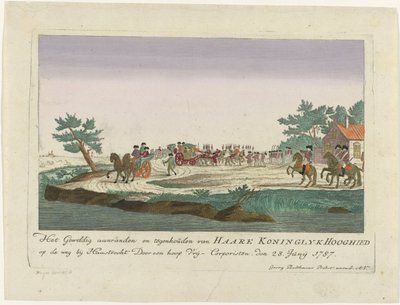 Prinsesse av Orange holdt i Goejanverwellesluis, 1787 Den store angrep og stopping av Haare Koninglyk Hooghied på veien nær Haastrecht Ved en masse Vrij-Corporisten. den 28. juni 1787 (tittel på objekt) Fargede tyske trykk om d av Anonymous