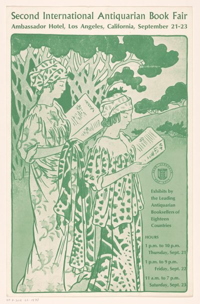 Reclamebiljet for Second International Antiquarian Book Fair i Los Angeles Andre internasjonale antikvariske bokmesse (tittel på objekt) av Anonymous
