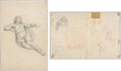 Liggende naken kvinne (recto); Ulike skisser av figurer og planter (verso) av Anonymous