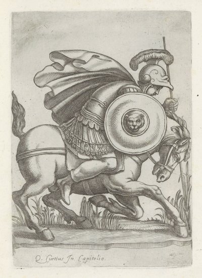 Reliëf met de daad av Marcus Curtius Antikke skulpturer i Roma (serietittel) Ikoner av de gamle statuene av byen Roma som er sett på offentlige steder (serietittel) av Anonymous