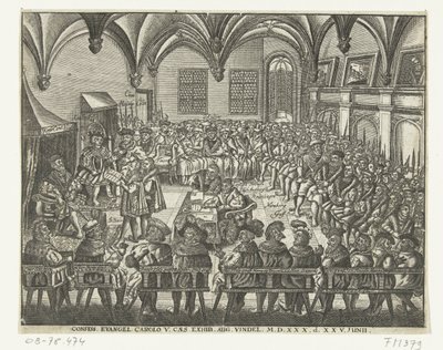 Diet of Augsburg, 1530 Tilståelse. Evangelium. Carolo V. Caes. Utstilling. august Findel. M.D.XXX. d. XXV. Junii (tittel på objekt) av Anonymous