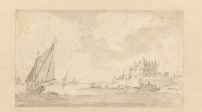 Elvelandskap med slott (Loevestein?) av Anonymous