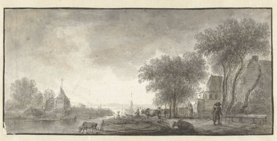 Elvelandskap med storfe og noen hus av Anonymous