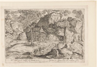 Rotsachtig landskap med tak på palen og rett leeuw Langt borte fra verden, skjermet under et stråtak, / Det beste stedet å trives er, en sylvisk meditasjon (tittel på objekt) Landschappen naar Domenico Campagnola (serietittel) av Anonymous