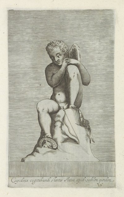 Skulptur av Amor Statue av amor som står ettertenksom med en adelsmann (tittel på objekt) Antikke skulpturer i Roma (serietittel) Ikoner av de gamle statuene av byen Roma som er sett på offentlige steder (serietittel) av Anonymous
