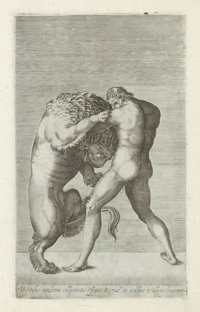 Skulptur av Hercules i kamp med Nemeïsche-løven Statue av Hercules som kjemper med en løve i Romas murer (tittel på objekt) Antikke skulpturer i Roma (serietittel) Av de gamle statuene av byen Roma som er sett på offentlige steder, er jeg av Anonymous