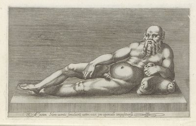 Sculptuur van Silenus Aeneas Silenus liggende statue av et gammelt kar plassert som et lokk (tittel på objekt) Antike sculpturen in Roma (serietittel) Ikoner av gamle statuer av byen Roma som er sett på offentlige steder (serietittel) av Anonymous