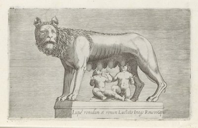 Sculptuur van de Lupa Capitolina die de tweeling Romulus en Remus zoogt Romulus og Remus ammer ulvebildet av Roma i Capito (tittel på objekt) Antikke skulpturer i Roma (serietittel) Av de gamle statuene av byen Roma som er å se på offentlige steder ic av Anonymous