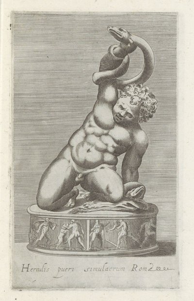 Sculptuur van de unge Hercules i kamp med en slang Statue av Hercules barnet av Roma (tittel på objekt) Antikke skulpturer i Roma (serietittel) Ikoner av de gamle statuene av byen Roma som er sett på offentlige steder (serietittel) av Anonymous