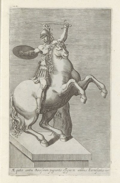 Sculptuur van een Romainse soldaat te paard Equites mot Amos (...) (tittel på objekt) Antikke skulpturer i Roma (serietittel) Ikoner av de gamle statuene av byen Roma som er sett på offentlige steder (serietittel) av Anonymous