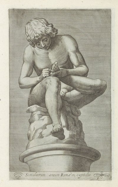 Skulptur av en jongen med en dør i foten Ryggmarg Bronse simulacrum av Roma i hovedstaden (tittel på objekt) Antikke skulpturer i Roma (serietittel) Ikoner av de gamle statuene av byen Roma som er sett på offentlige steder (serietittel) av Anonymous