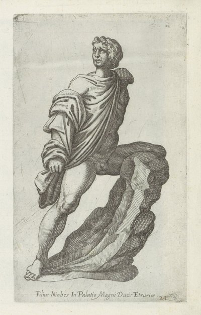 Skulptur av en zoon av Niobe Sønnen til Niobes i palasset til den store hertugen av Etruria (tittel på objekt) Antikke skulpturer i Roma (serietittel) Ikoner av de gamle statuene av byen Roma som er sett på offentlige steder (serietittel) av Anonymous