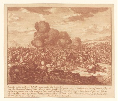 Kamp mellom keiserlige tropper og spanskene på Sicilia, juni 1719 Bataille mellom Keyserlijke Troupen under kontroll av general Graaf van Mercy, og spanskene under kontroll av Marquis de Leede (...) (tittel på objekt) av Anonymous