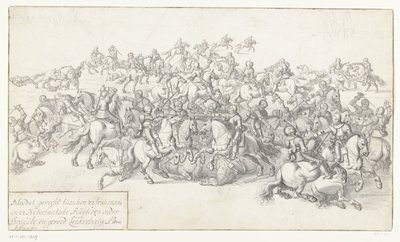 Slaget ved Gourmet, 1600 Blodig kamp mellom 22 frankiske og 22 nederlandske Ruyteren under Breaut og Gerard Leckerbeetge Ao. 1600 (tittel på objekt) av Anonymous