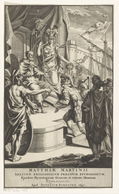 Soldat presenterer bok til kongen Tittelside for: Matthias Martinius, Lexicon philologicum praecipuae etymologicum, 1697 av Anonymous