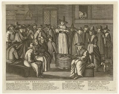Tegneserie av de engelske kvekerne, ca. 1656 Quaaker Meeting / Fronti Nulla Fides / The Quakers Meeting (tittel på objekt) av Anonymous