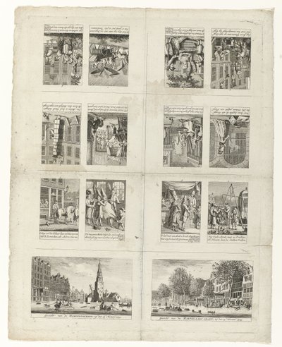 Tegneserier om mote og to utsikter over Amsterdam under flommene i 1775 av Anonymous