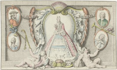 Stående kvinne, to putti og fire medaljonger Moter 1730 Mercure de France (serietittel) av Anonymous