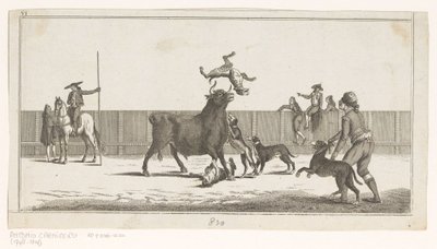 Okse angrepet av hunder Coleccion de las principales suertes de una corrida de toros (serietittel på objekt) Samling av de viktigste manøvrene i tyrefekting (serietittel) av Anonymous