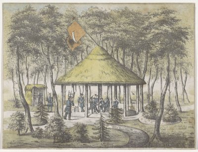 Tempel og hage ved Boekel, 1831 Utsikt over tempelet og hagen ved Boekel. Oppført og konstruert av tjenestemilitsen i byen Groningen. Som en anerkjennelse for den vennlige velkomsten 23. juni 1831 til foreningens medlemmer som et minnesmerke av Anonymous