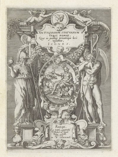 Titelprent møtte Roma, Minerva og Saturnus Antikke skulpturer i Roma (serietittel) Ikoner av de gamle statuene av byen Roma som er sett på offentlige steder (serietittel på objekt) av Anonymous