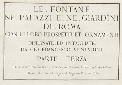 Titteltrykk med innrammet tittel Le fontane ne palazzi e ne giardini di Roma (serietittel) Fontener i palassene og hagene i Roma (serietittel) av Anonymous