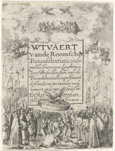Titteltrykk for heftet Wtvaert vande Roman Transubstantiatie, 1612 Wtvaert vande Roman Transsubstantiation, i velcke Franciscus Lansbergius syne Bedenckinghen om Transsubstantiation mot Joannes de Gouda hevder nå for andre gang ende v av Anonymous