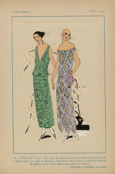 Very Parisian, 1923, No 8: 11.- DRØM OM VALSE. - En silke crepe kjole... av Anonymous