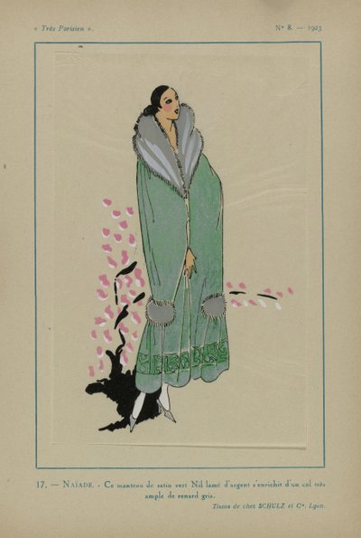 Meget parisisk, 1923, nr. 8: 17.- NAÏADE. - Denne nilgrønne satengkåpen... av Anonymous