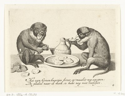 To aper spiser østers Ulike selskaper av menneskeliv presentert av aper (serietittel) Hva er det som ser meg i denne verden? / Det er Aape-spill, og ikke ellers (serietittel) av Anonymous