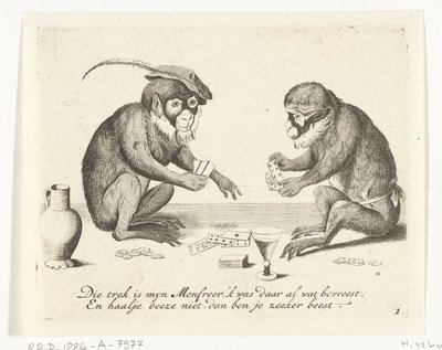Twee apen kaarten Verschillende bedrijven uit het menselijke leven door apen voorgesteld (series title) Wat is 