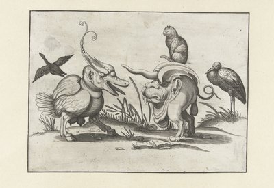 To monstre med katt, gås og stork. Groteske figurer omgitt av en rammelinje (serietittel) av Anonymous