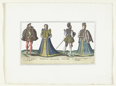 To kvinner og to menn kledde seg etter mote i Nordrhein-Westfalen og Flandern, ca. 1580 Kostymer Bas-Allemands et Flamands (tittel på objekt) av Anonymous