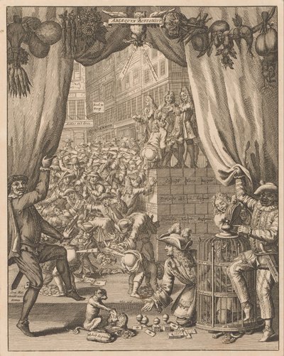Forklaring av platen Harlequin Actionist, 1720 Arlequyn Actionist (tittel på objekt) Forklaring av Tytelplaat, for Arlequyn Actionist (tittel på objekt) The Great Scene of Folly (serietittel) av Anonymous