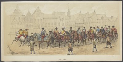 Utrecht maskerade, plate a: adelen, 1856 Adelen. (tittel på objekt) Grunnleggerne av nederlandsk frihet, (tid til William I) presentert av H.H. medlemmer av Utrecht studentkorps, i feiringen av 220-årsjubileet for Utrechtsche Hooge av Anonymous