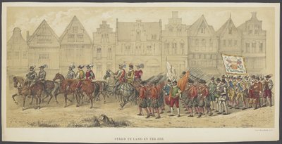 Utrecht Masquerade, plate b: kamp på land og til sjøs, 1856 Kamp på land og sjø (tittel på objekt) Grunnleggerne av nederlandsk frihet, (tid til William I) presentert av H.H. medlemmer av Utrecht studentkorps, for å feire de 220 av Anonymous