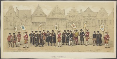 Utrecht Masquerade, plate c: Statsmenn, 1856 The Statesmen (tittel på objekt) Grunnleggerne av nederlandsk frihet, (tid til William I) presentert av H.H. medlemmer av Utrecht studentkorps, i feiringen av 220-årsjubileet for Utrecht University av Anonymous