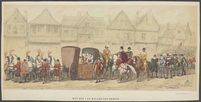 Utrecht maskerade, plate e: retten, 1856 Court of William the First (tittel på objekt) Grunnleggerne av nederlandsk frihet, (tid til William I) presentert av H.H. medlemmer av Utrecht studentkorps, i feiringen av 220-årsjubileet av Anonymous