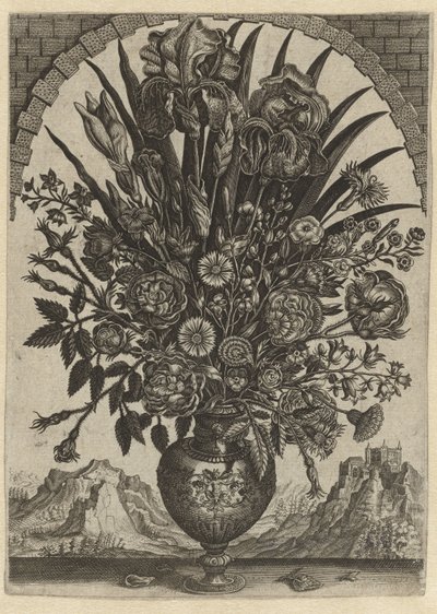 Vase med blomster i et buet vindu av Anonymous
