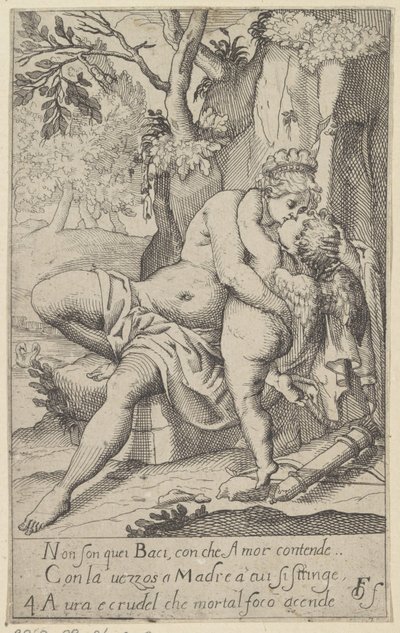 Venus kysser Amor Scener med Venus og Amor (kopier) (serietittel) Scherzi d'amore (serietittel på objekt) av Anonymous