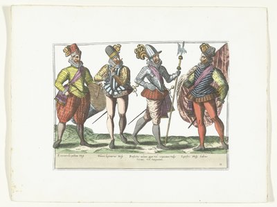 Fire spanske soldater i uniform, ca. 1580 Kostymer militære Espagnols (tittel på objekt) av Anonymous