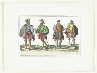 Fire menn kledd i tysk mote, ca. 1580 Kostymer Allemands (tittel på objekt) av Anonymous