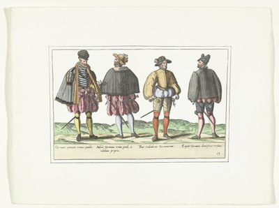 Fire menn kledd i tysk mote, ca. 1580 Kostymer Allemands (tittel på objekt) av Anonymous