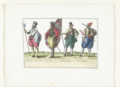 Fire soldater i uniformer etter mote i Nederland og England, ca 1580 Costumes Militaires des Pays-Bas (tittel på objekt) av Anonymous