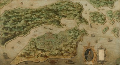Utsikt over Ambon Fugleperspektiv av Ambon, med et portrett av Frederik Houtman (1571-1627) i en kartusj av Anonymous