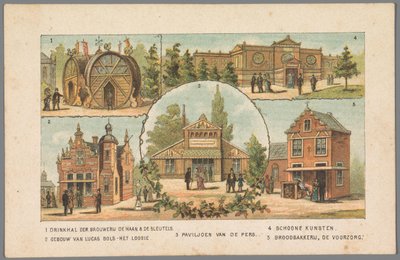 Fem paviljonger på verdensutstillingen i Amsterdam, 1883 1 Drikkehall til De Haan & De Sleutels bryggeriet. 2 Lucas Bols