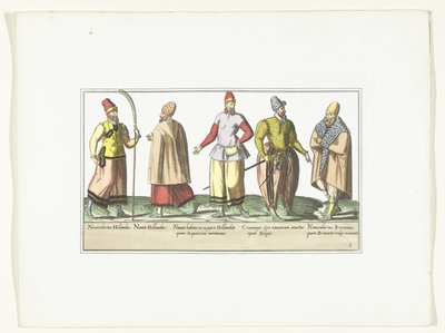 Fem sjømenn kledd i mote fra Nederland og Bretagne, ca. 1580 Kostymer marins (tittel på objekt) av Anonymous